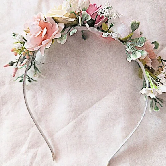Pink Flower Crown White Garland Floral Hair Accessory Renfaire Cosplay Coquette - Picture 3 of 4